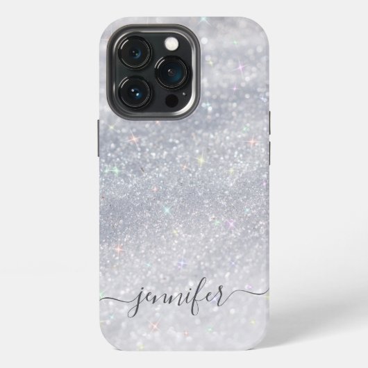 Etui iPhone 13 Pro Élégant Script Pailleté Argent | Nom Personnalisé (Dos)