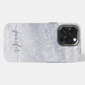 Etui iPhone 13 Pro Élégant Script Pailleté Argent | Nom Personnalisé (Verso Horizontal)