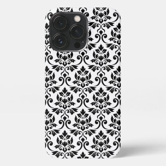 Etui iPhone 13 Pro Feuille Damask Patte noir sur blanc (Verso)