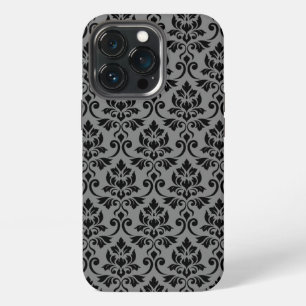 Etui iPhone 13 Pro Feuille Damask Patte noir sur gris