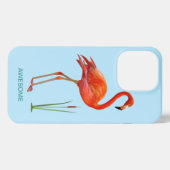 Etui iPhone 13 Pro Flamant rose sur fond bleu clair (Verso Horizontal)