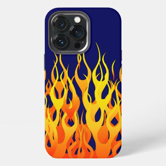 Etui iPhone 13 Pro Flammes de course classique sur fond bleu marine (Dos)