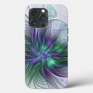 Etui iPhone 13 Pro Fleur Abstraite Moderne Art Fractal Vert Violet