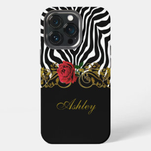 Etui iPhone 13 Pro Fleur de zèbre abstrait rouge noir blanc or       