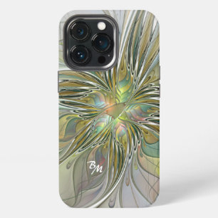 Etui iPhone 13 Pro Fleur fractale de fantaisie florale avec initiales