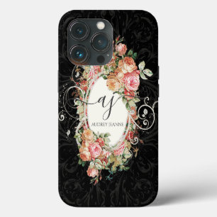 Etui iPhone 13 Pro Fleur rose noir élégant vintage monogramme script