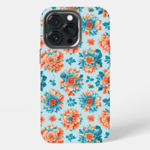 Etui iPhone 13 Pro Fleurs bleues et oranges vives : la splendeur de l
