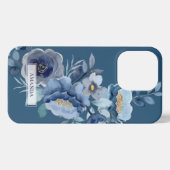 Etui iPhone 13 Pro Fleurs de marine | Nom personnalisé bleu (Verso Horizontal)
