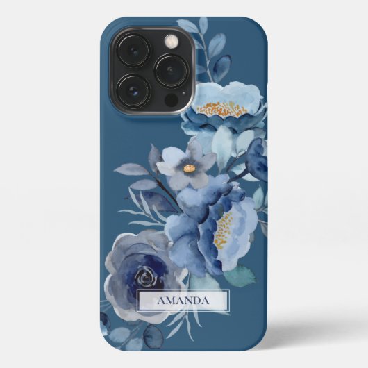 Etui iPhone 13 Pro Fleurs de marine | Nom personnalisé bleu (Verso)