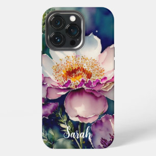 Etui iPhone 13 Pro Fleurs violettes et blanches à l'aquarelle rustiqu