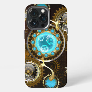 Etui iPhone 13 Pro Fond rouillé Steampunk avec verres turquoise