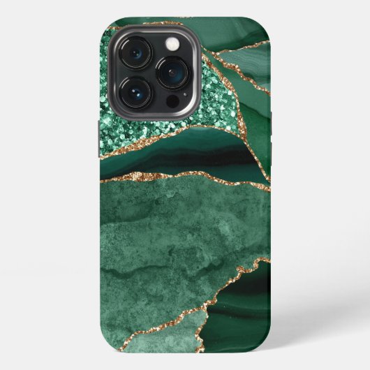 Etui iPhone 13 Pro Géode de marbre doré paillettes vertes Agate (Dos)