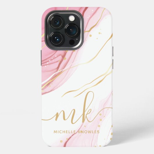 Etui iPhone 13 Pro Géode de marbre Faux Monogramme et nom (Dos)