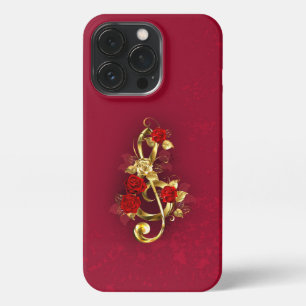 Etui iPhone 13 Pro Golden Treble Clef avec fleurs Roses