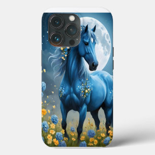 Etui iPhone 13 Pro Imaginaire Bleu Magique Cheval Lune Fleurs,