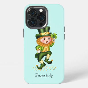 Etui iPhone 13 Pro Joli gnome vert chanceux sur fond bleu turquoise c