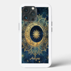 Etui iPhone 13 Pro Mandala personnalisé bleu céleste or soleil lune