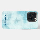 Etui iPhone 13 Pro Marbre bleu avec nom (Verso Horizontal)
