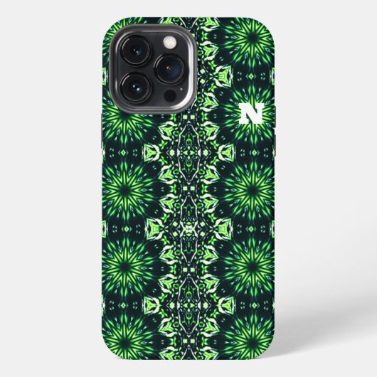 Etui iPhone 13 Pro Max Abstrait moderne Motif d'art fractal vert initial (Verso)