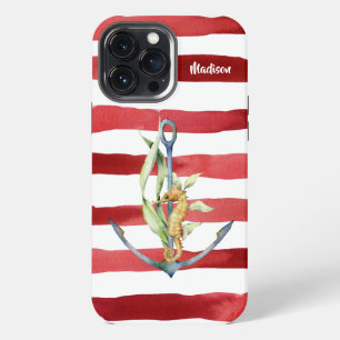 Etui iPhone 13 Pro Max Ancre nautique hippocampe et rayures avec nom