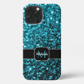 Etui iPhone 13 Pro Max Aqua bleu brillant faux parties scintillant scinti (Verso)