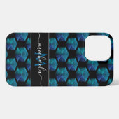 Etui iPhone 13 Pro Max Aqua bleu étincelle diamant Monogramme géométrique (Verso Horizontal)