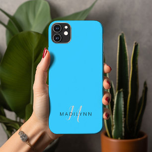Etui iPhone 13 Pro Max Aqua bleu minimaliste avec nom monogrammé