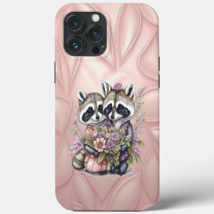 Etui iPhone 13 Pro Max Aquarelle Beau Raccoon Couple Avec Fleurs