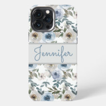 Aquarelle gris bleu foncé Floral Nom personnalisé