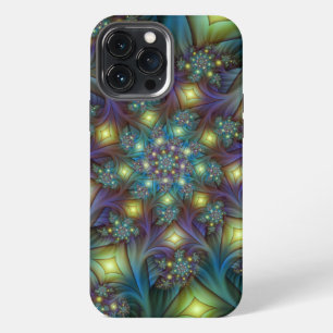 Etui iPhone 13 Pro Max Art fractal abstrait illuminé sarcelle violet bril