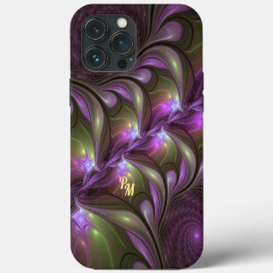 Etui iPhone 13 Pro Max Art fractal abstrait violet pourpre kaki coloré