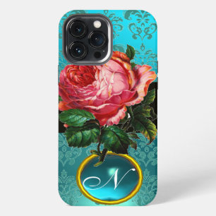ETUI iPhone 13 PRO MAX BEAU ROSE ROSE BLEU TURQUOISE DAMASK GEM MONOGRAM
