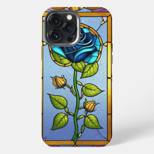 Etui iPhone 13 Pro Max Belle fenêtre en verre coloré avec rose bleue