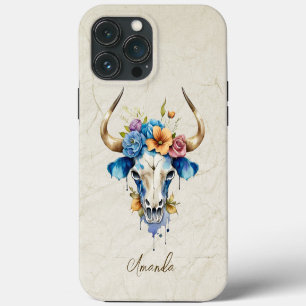 Etui iPhone 13 Pro Max Boho Chic Aquarelle Florale Vache Crâne
