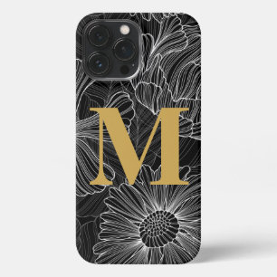 Etui iPhone 13 Pro Max Boîtier de téléphone à monogramme floral noir et b