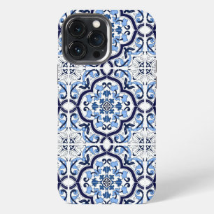 Etui iPhone 13 Pro Max Carreau sicilien méditerranéen floral orné bleu
