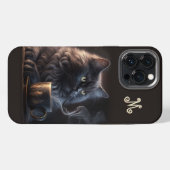Etui iPhone 13 Pro Max Chat noir et café avec monogramme (Verso Horizontal)