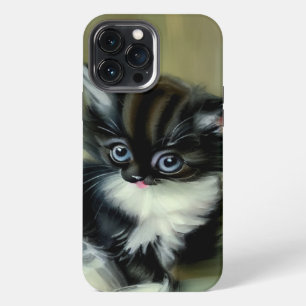 Etui iPhone 13 Pro Max Chaton vintage noir et blanc tirant la langue