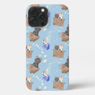Etui iPhone 13 Pro Max Chats en boîte et gouttes de lait sur bleu