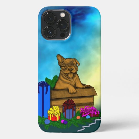 Etui iPhone 13 Pro Max Chiot dans une boîte, Joyeux Noël (Verso)