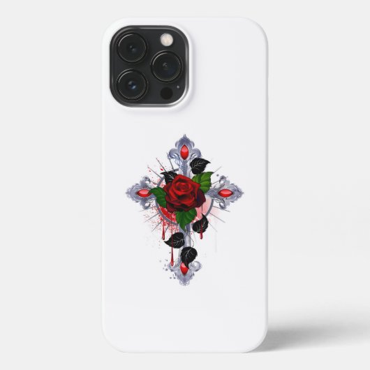 Etui iPhone 13 Pro Max Croix d'argent avec une rose rouge (Verso)