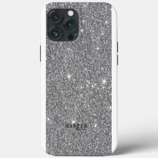 Etui iPhone 13 Pro Max Dégradé de paillettes argentées Nom personnalisé