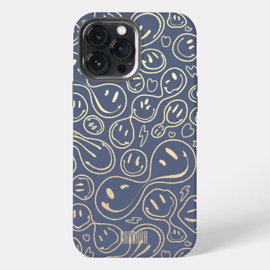 Etui iPhone 13 Pro Max Dusty Blue Gold Smile Sourire Visage Motif moderne (Verso)
