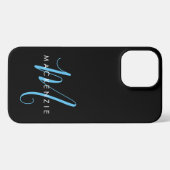 Etui iPhone 13 Pro Max Élégant Black Sky Blue Script Monogramme moderne (Verso Horizontal)