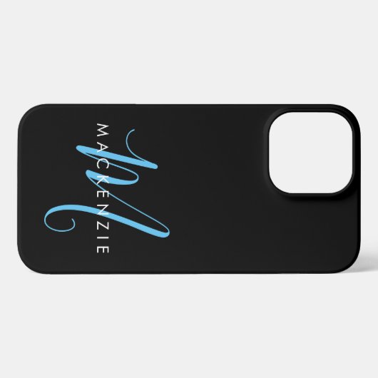Etui iPhone 13 Pro Max Élégant Black Sky Blue Script Monogramme moderne (Verso Horizontal)