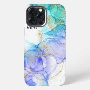 Etui iPhone 13 Pro Max Encre d'alcool turquoise et or et votre nom