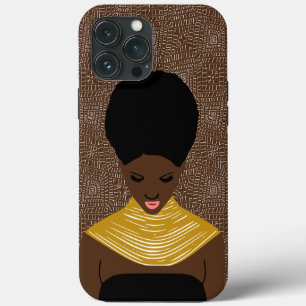 Etui iPhone 13 Pro Max femme noire brune regardant vers le bas Collier