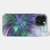 Etui iPhone 13 Pro Max Fleur Abstraite Moderne Art Fractal Vert Violet (Verso Horizontal)