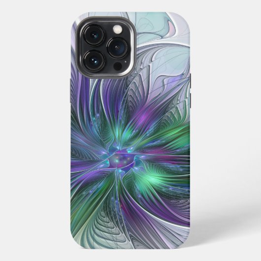 Etui iPhone 13 Pro Max Fleur Abstraite Moderne Art Fractal Vert Violet (Verso)