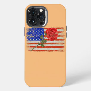 Etui iPhone 13 Pro Max Fleur de rose rouge drapeau américain amour Saint-